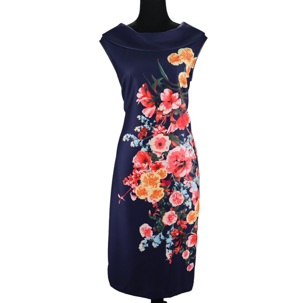 Eci New York Womens Sheath Bodycon Floral Navy Dress Back Zip Cap Sleeve 12 NWT